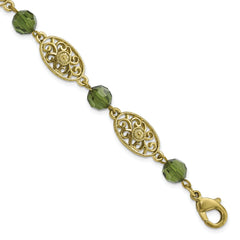 1928 Jewelry Brass-tone Filigree Link Green Faceted Acrylic Beads 7.5 inch Bracelet