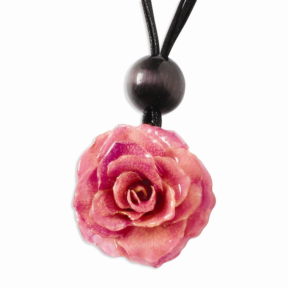 Lacquer Dipped Pink Rose Choker w/ Black Cotton Cord