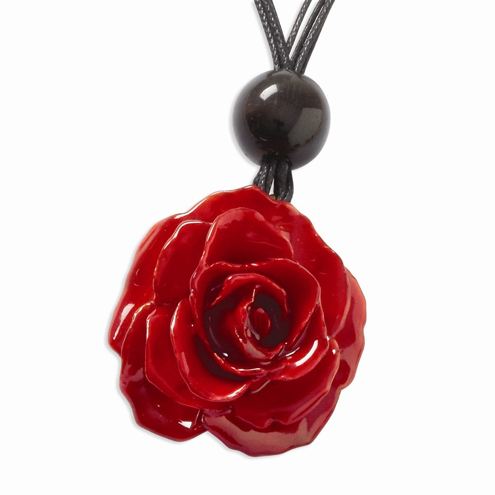 Lacquer Dipped Red Rose Choker w/ Black Cotton Cord