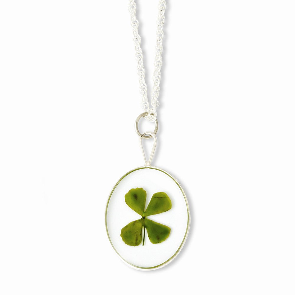 Silver Trim Four Leaf Clover Oval w/ Silver-plated Chain