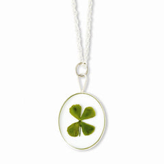 Silver Trim Four Leaf Clover Oval w/ Silver-plated Chain