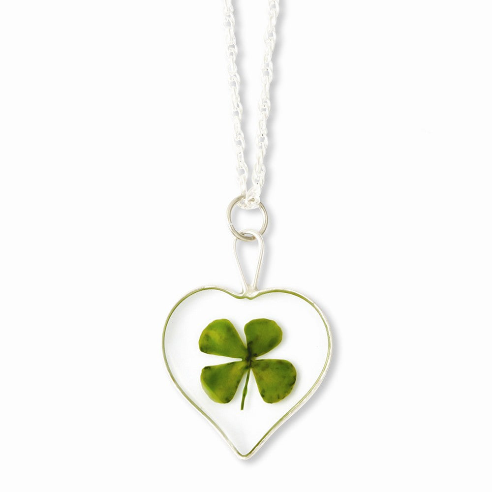 Silver Trim Four Leaf Clover Heart w/ Silver-plated Chain