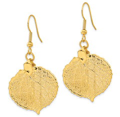 24k Gold Dipped Real Aspen Leaf Gold-tone Shepherd Hook Dangle Earrings