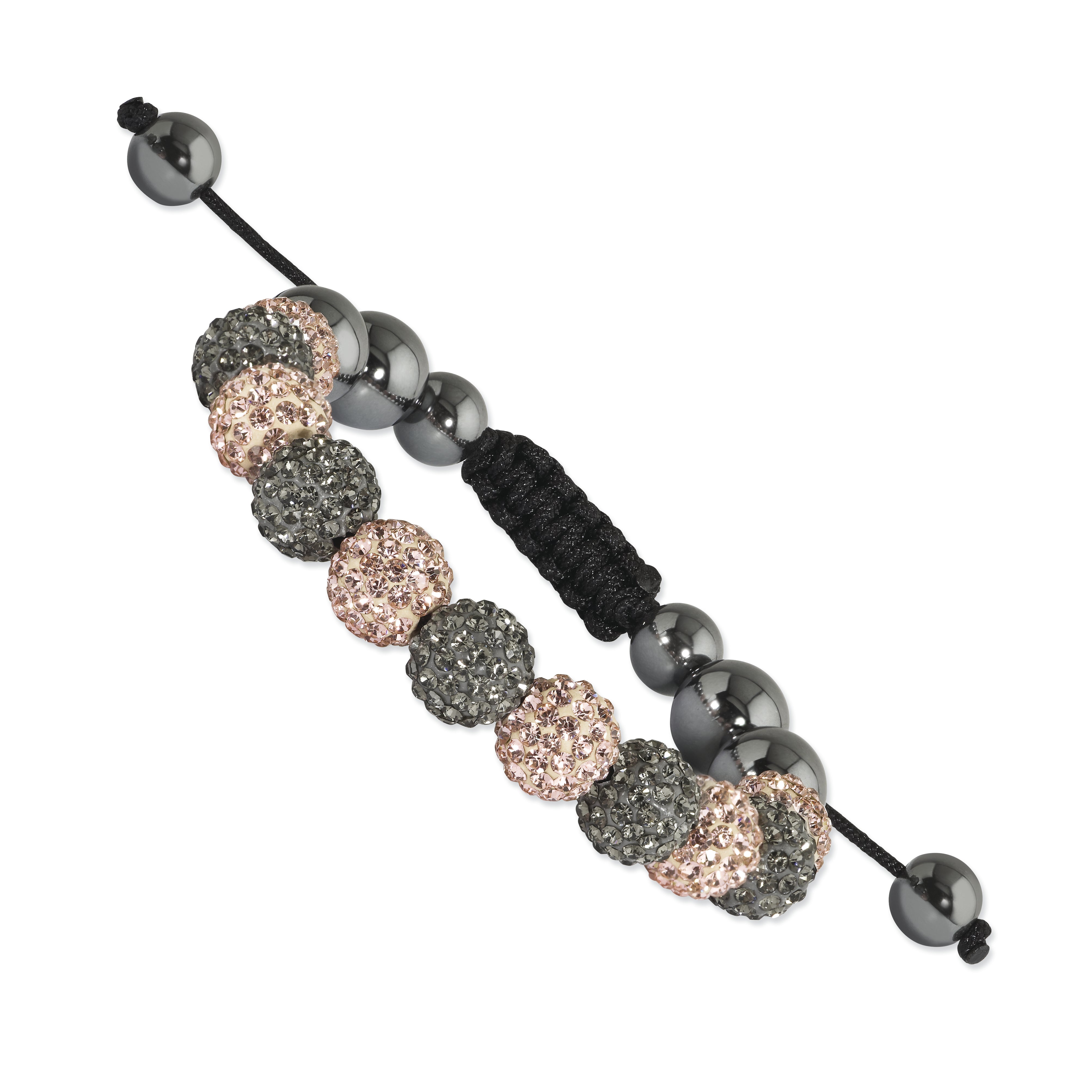 10mm Grey and Peach Crystal & Hematite Beads Black Cord Bracelet