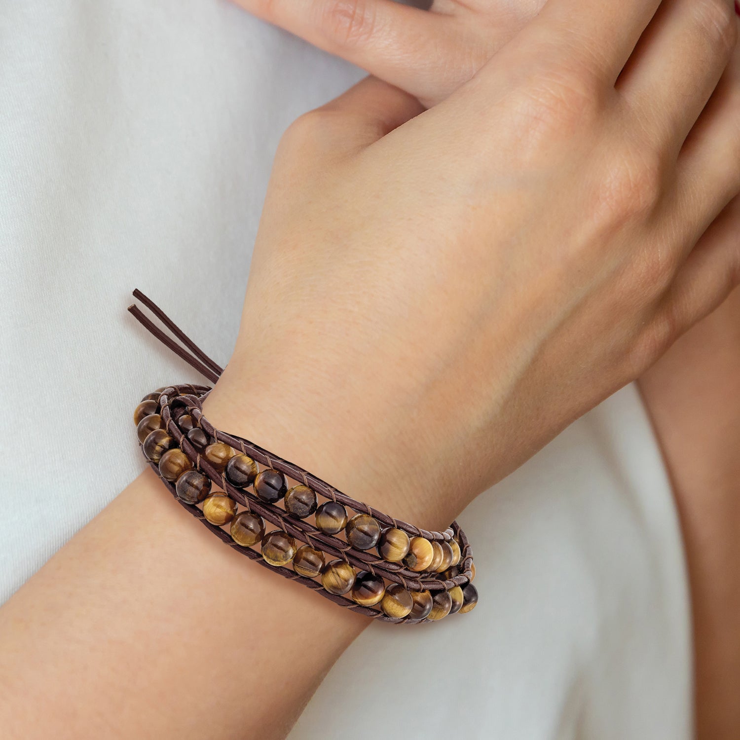 6mm Brown Beads and Leather Cord Multi Wrap Bracelet