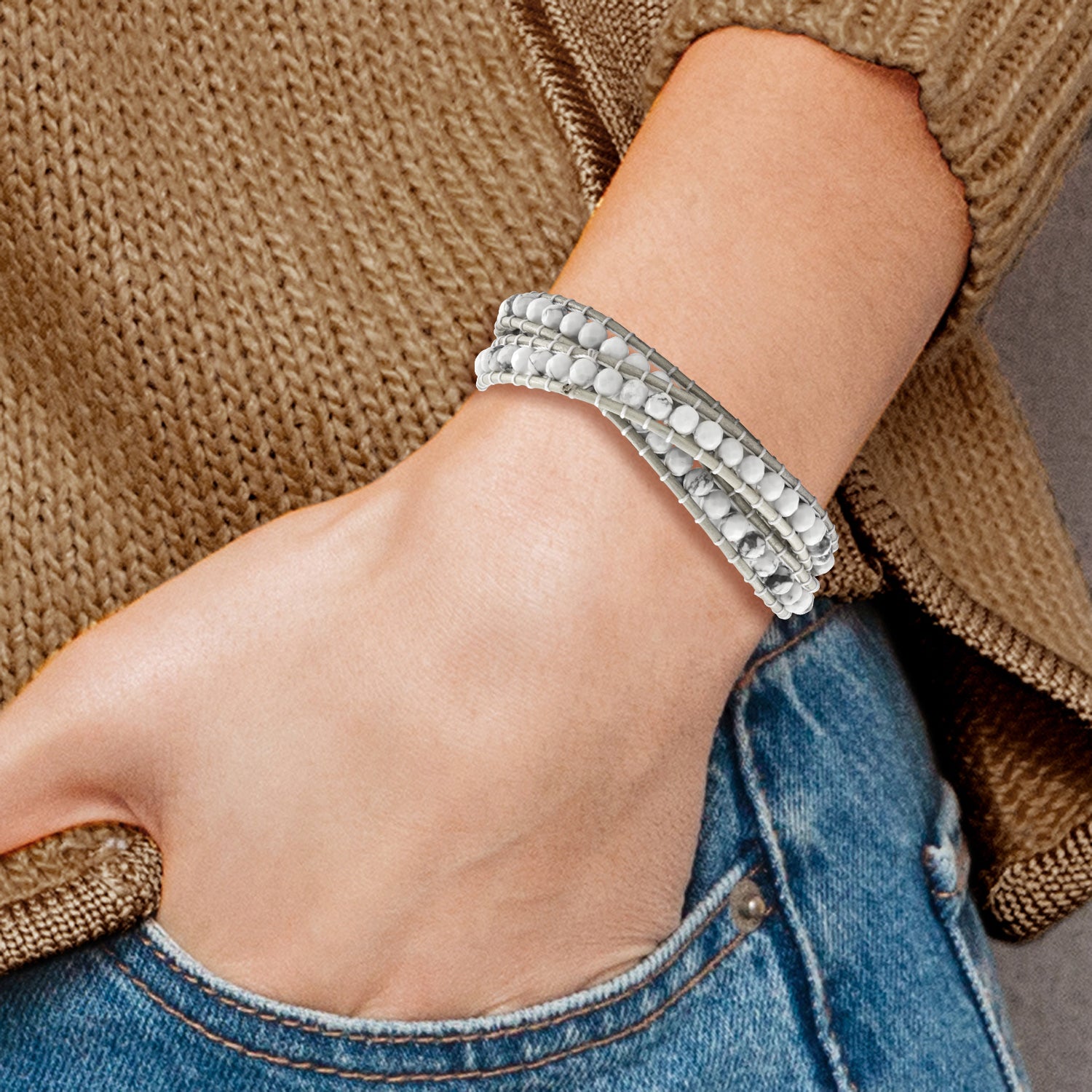 White Howlite Leather Multi-Wrap Bracelet, Adjustable Elegant Design