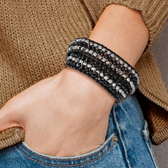 Sophia Jewelers Black Leather Multi-Color Crystal Wrap Bracelet