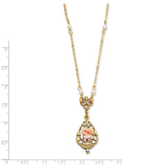 Gold-tone Crystal/Porcelain Rose/Simulated Pearl 17in Necklace