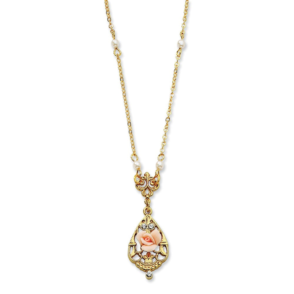 1928 Jewelry Gold-tone Imitation Pearl Pink Porcelain Rose and Clear Crystal Filigree Teardrop 17 inch Necklace