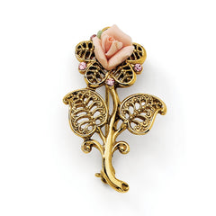 Vintage Gold-Tone Porcelain Rose & Crystal Women's Pin by Sophia Jewelers