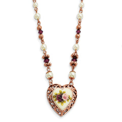 1928 Jewelry Rose-tone Heart Filigree Frame Purple Faceted Crystal Bead Imitation Pearl Rose Floral Motif 15 inch Necklace