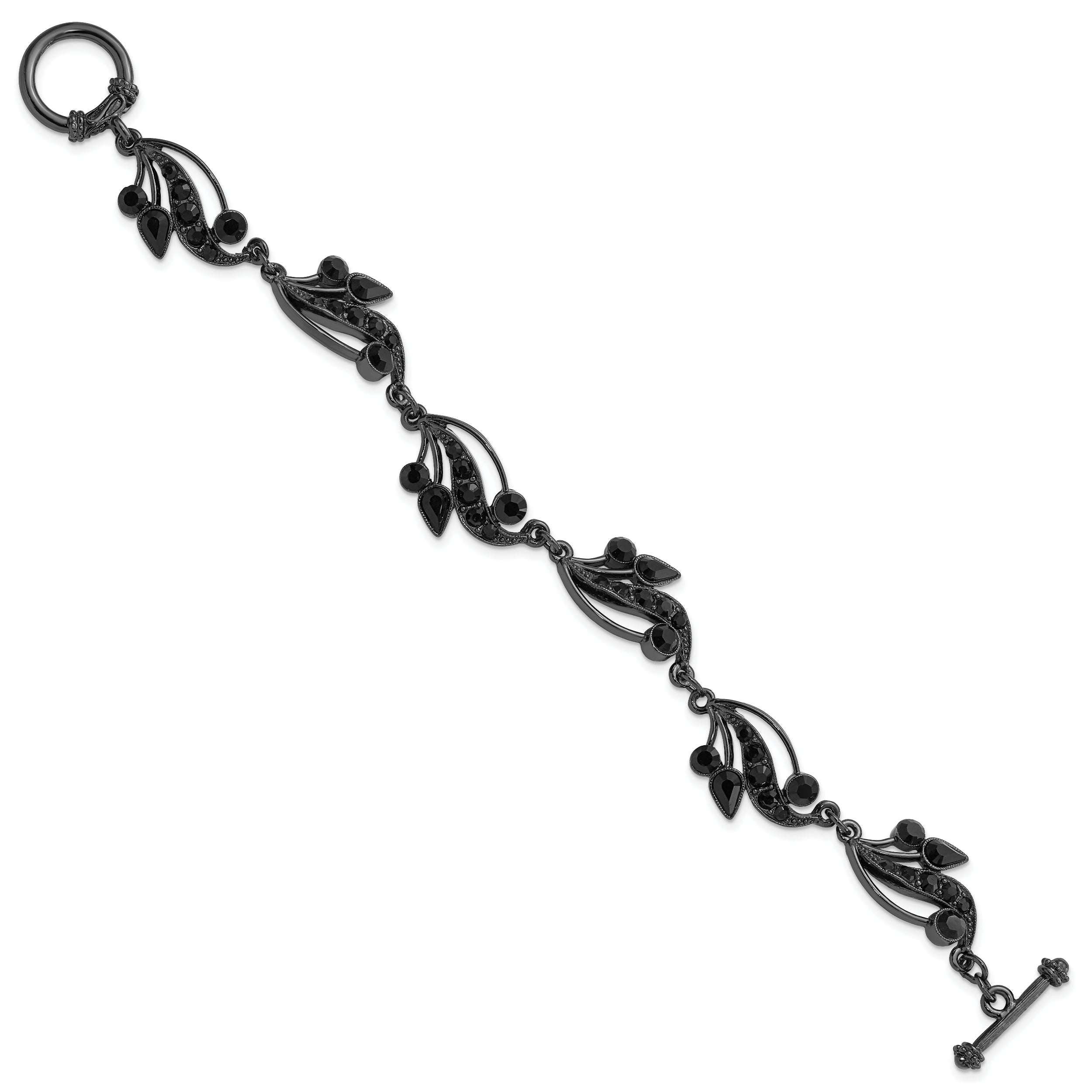 Vintage Black-Plated Crystal Bracelet with Filigree Vine Design