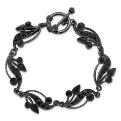 1928 Jewelry Black-plated Link Jet Black Crystals in Teardrop and Circle Shapes Vintage Style Filigree Vine Motif 7.5 inch Toggle Bracelet