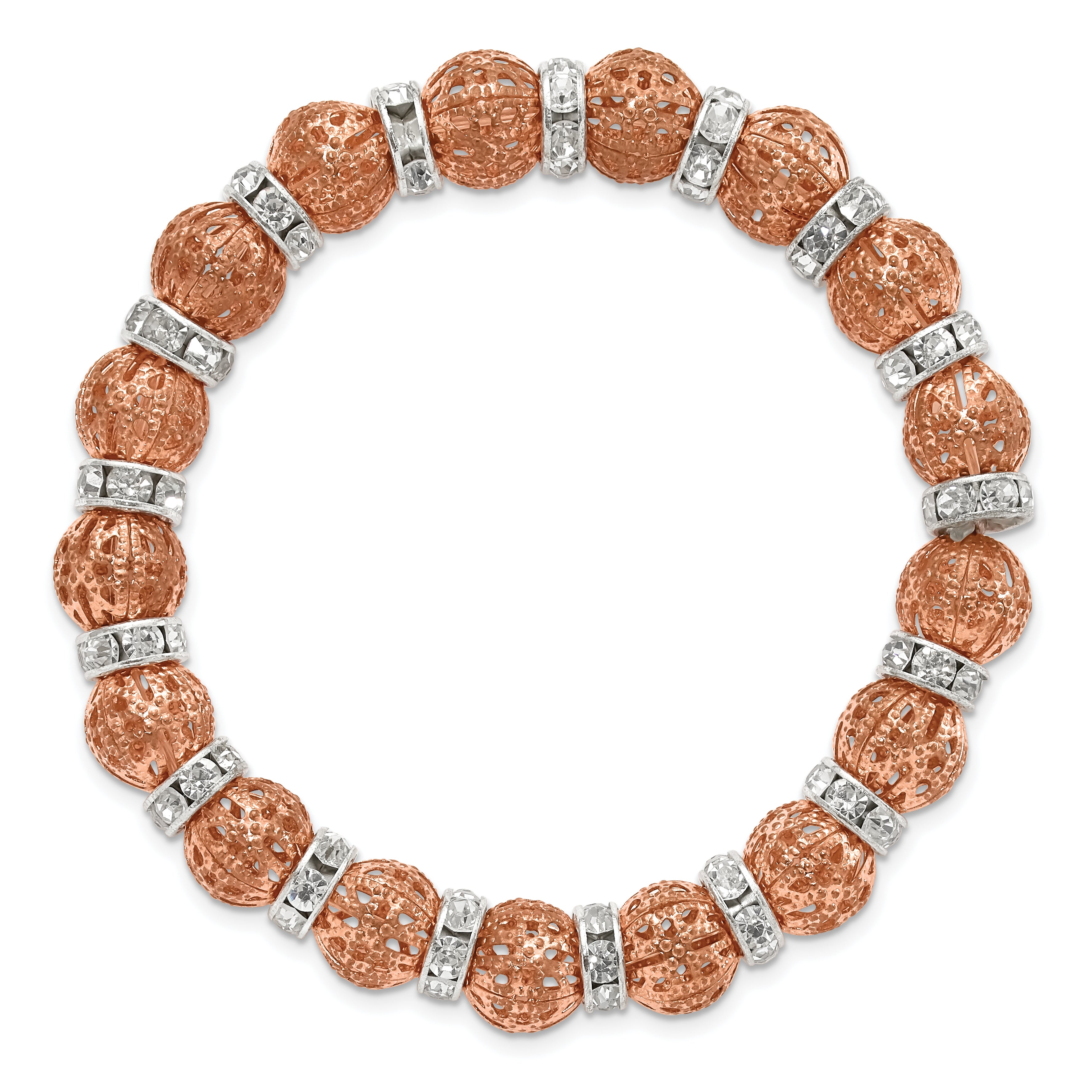 1928 Jewelry Copper-tone Filigree Pattern and Silver-tone Clear Epoxy Stone  Rondelle Beads Stretch Bracelet
