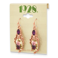 1928 Rose-tone Dark Purple Crystal and Decal Floral Dangle Earrings