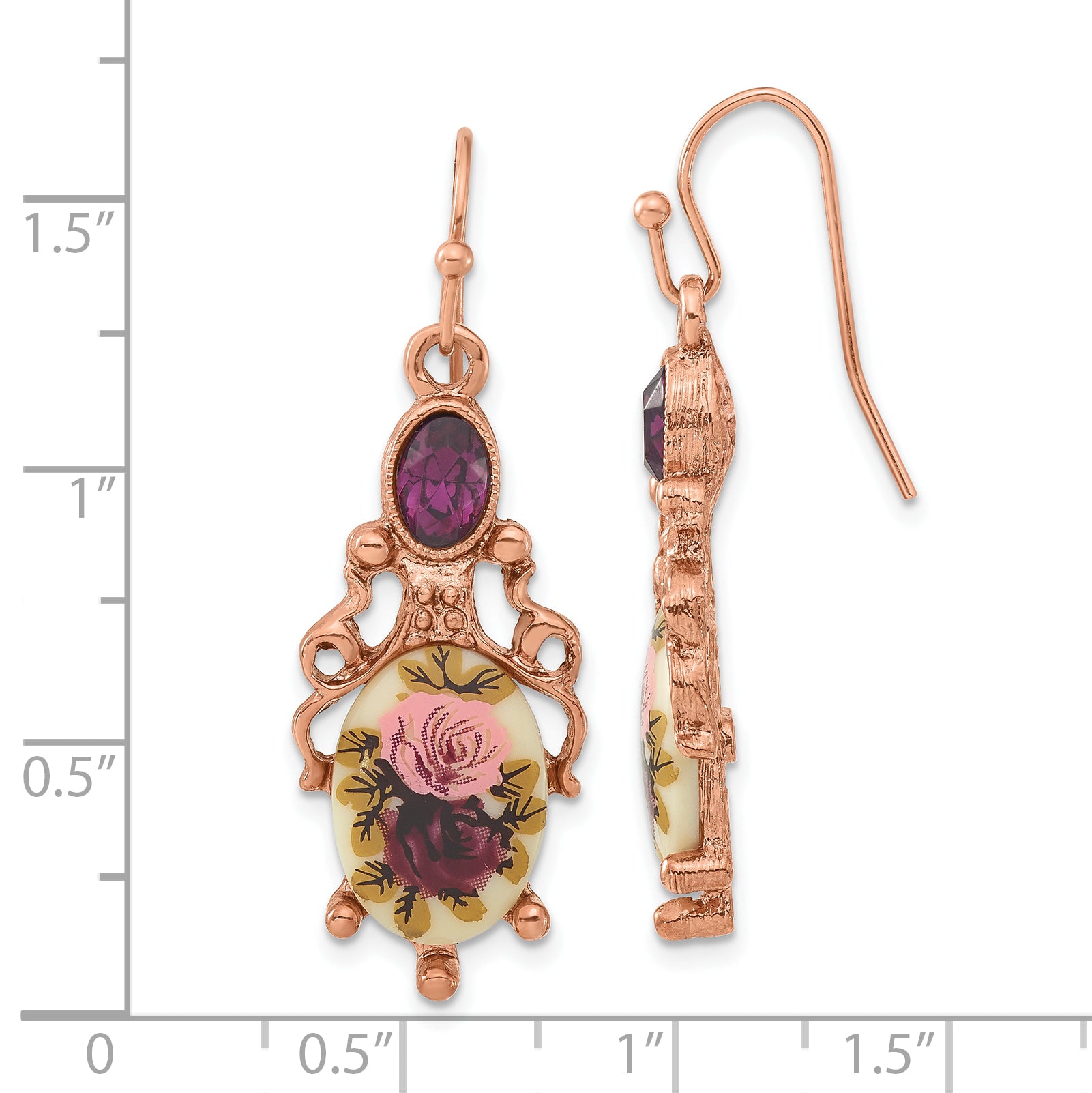 1928 Rose-tone Dark Purple Crystal and Decal Floral Dangle Earrings