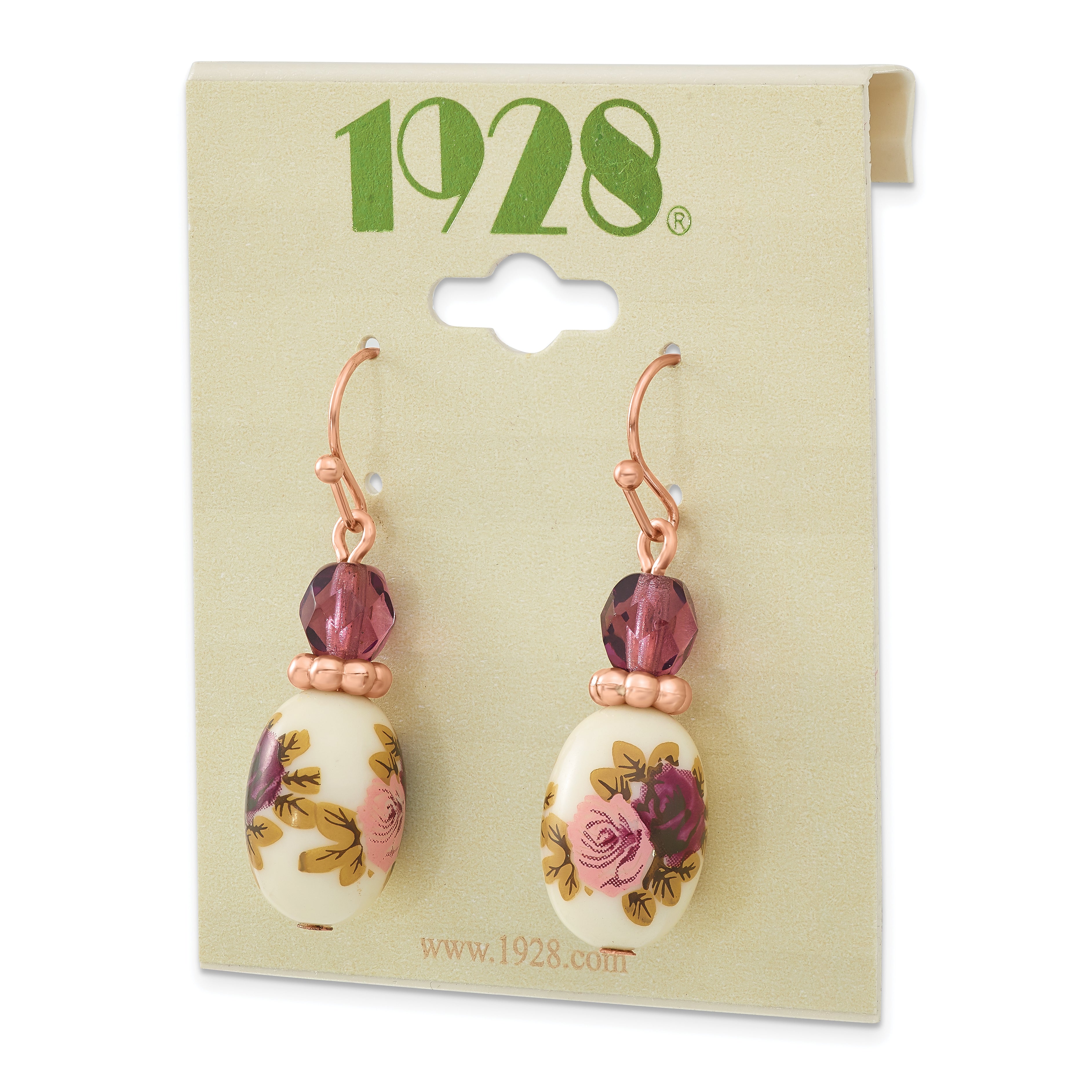 1928 Rose-tone Dark Purple Crystal and Floral Decal Dangle Earrings