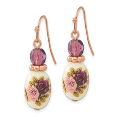 1928 Rose-tone Dark Purple Crystal and Floral Decal Dangle Earrings