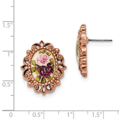 Rose-tone Floral Decal Oval Post Earrings