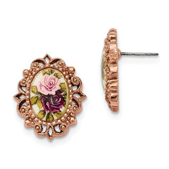 1928 Jewelry Rose-tone Filigree Frame Rose Floral Motif Post Earrings