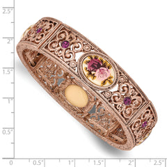 1928 Jewelry Rose-tone Filigree Pattern Purple Crystal Rose Floral Motif Stretch Bracelet