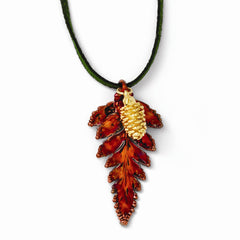 Iridescent Copper Fern Leaf/24k Gold Dipped Pine Cone Necklace