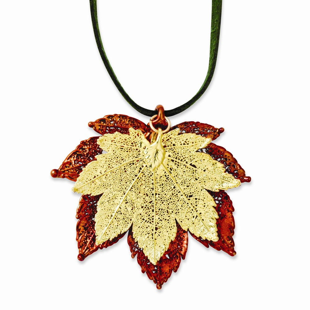 Iridescent Copper/24k Gold Dipped Double Full Moon Maple Leaf Necklace