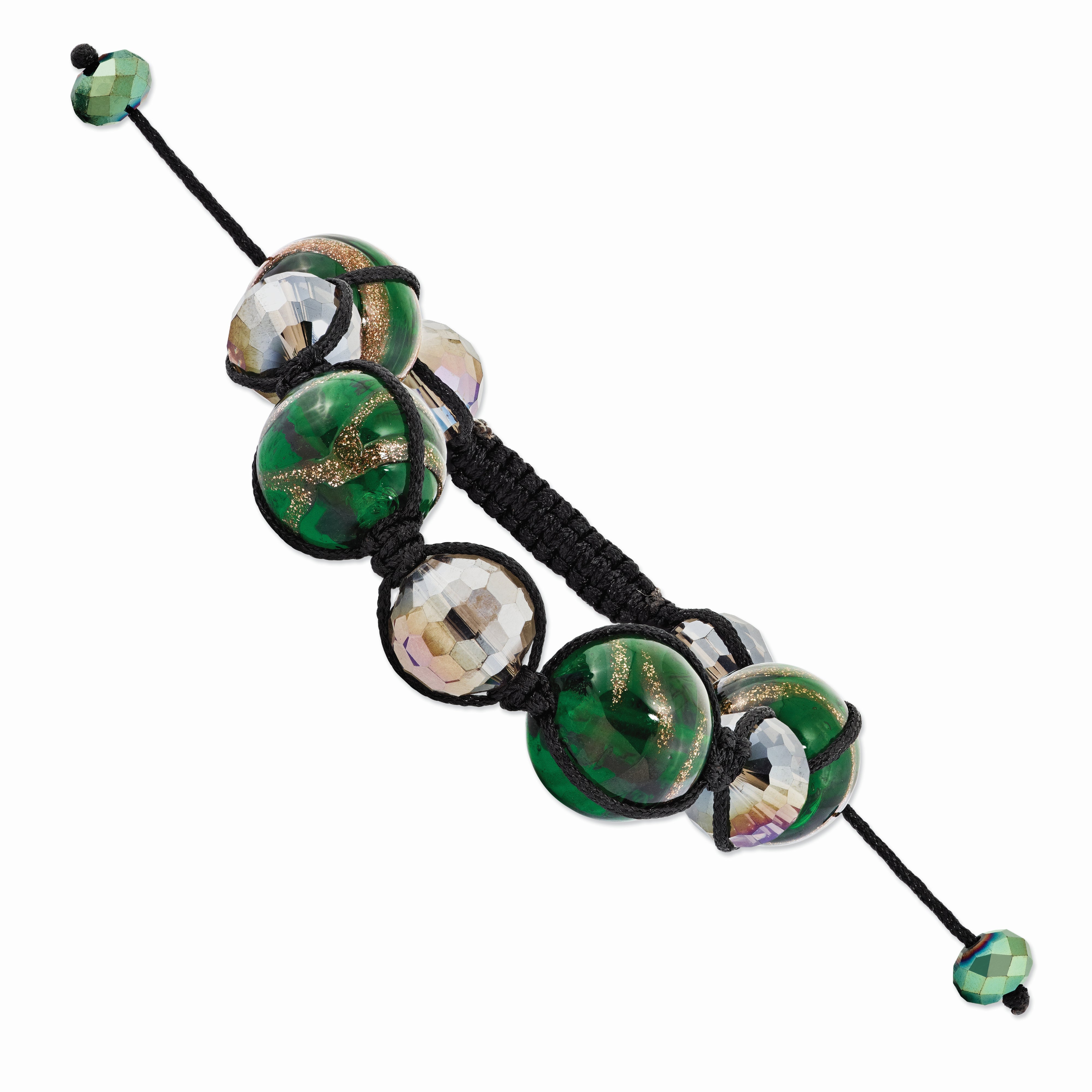 11-16mm Crystal and Green Murano Glass Black Cord Bracelet