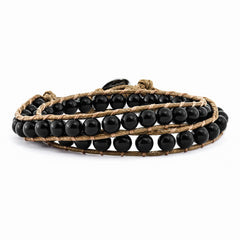 6mm Onyx Beads Leather Cord Multi Wrap Bracelet