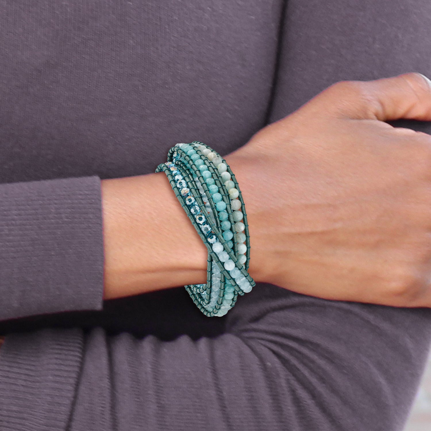 Amazonite/Crystal/Blue Quartz/Leather Multi-wrap Bracelet