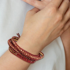 Crystal/Red Quartz/ Red Sand Stone/Leather Multi-wrap Bracelet