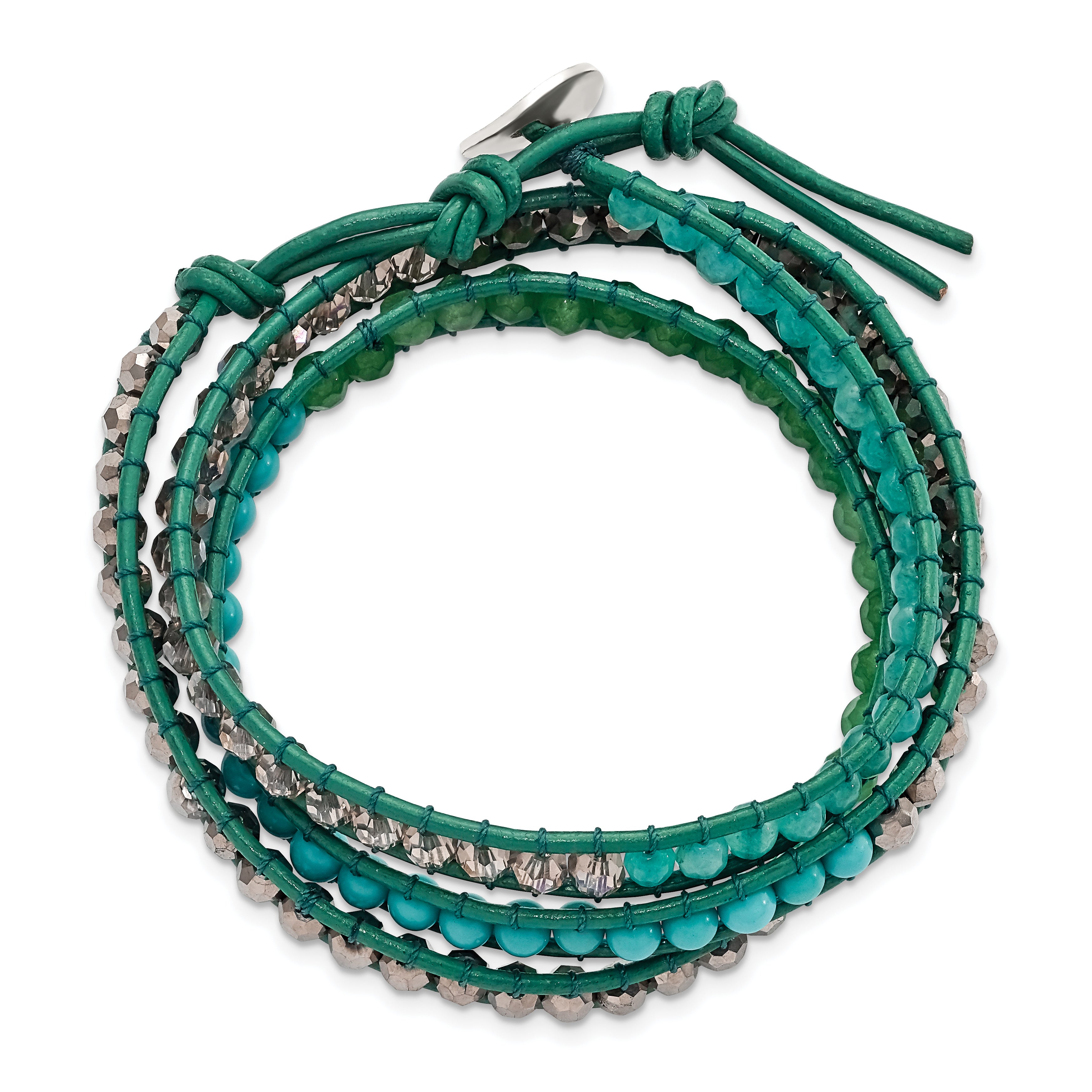 Green Aventurine/Crystal/ReconTurquoise/Leather Multi-wrap Bracelet