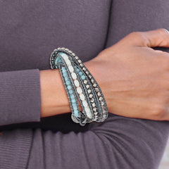 Aquamarine/Blue Quartz/Crystal/Leather Multi-wrap Bracelet