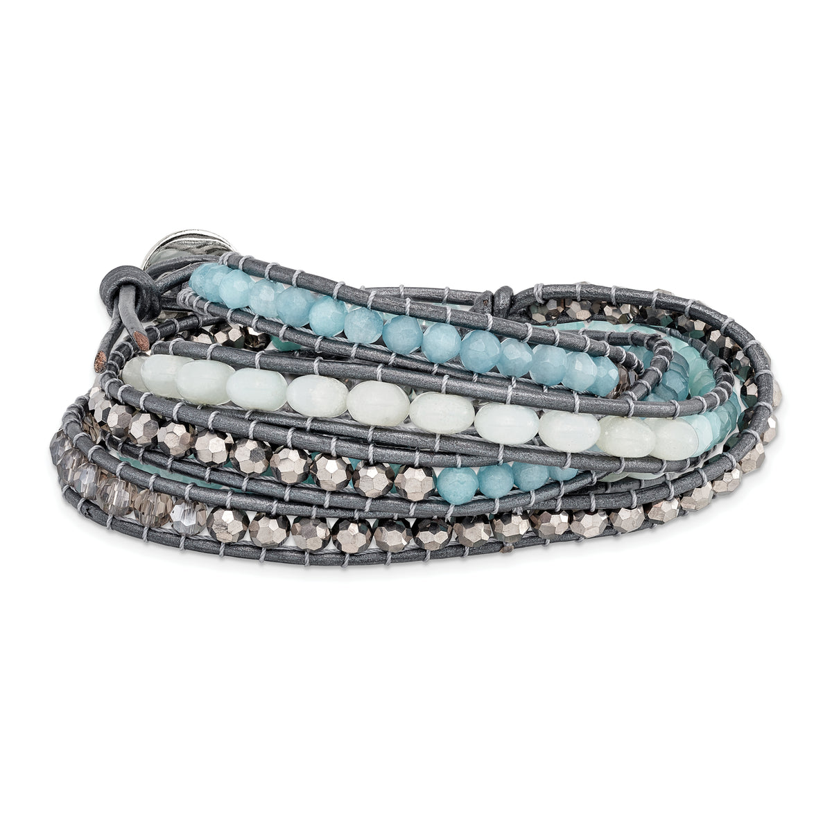 Aquamarine/Blue Quartz/Crystal/Leather Multi-wrap Bracelet