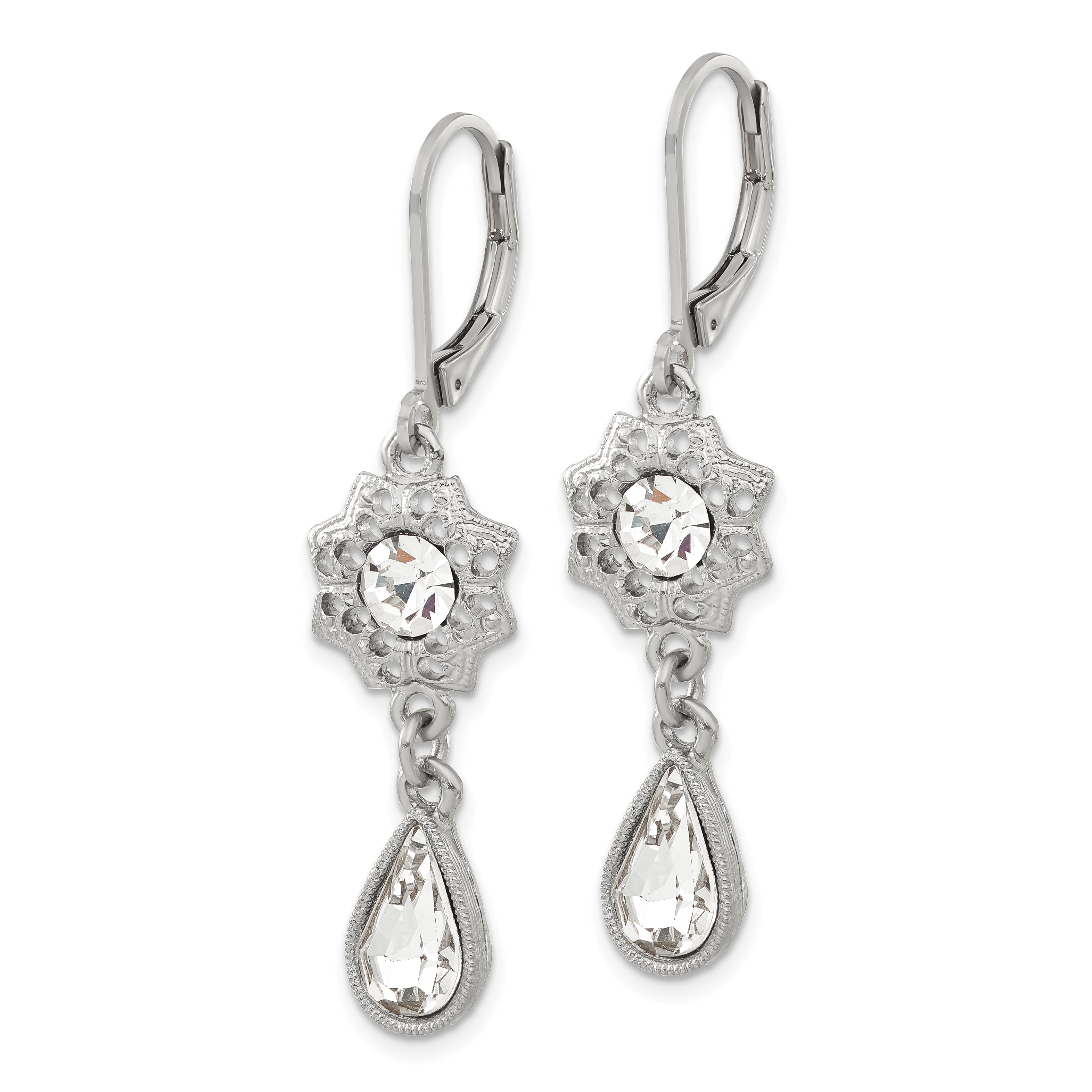 1928 Silver-Tone Crystal Teardrop Dangle Floral Filigree Leverback Earrings