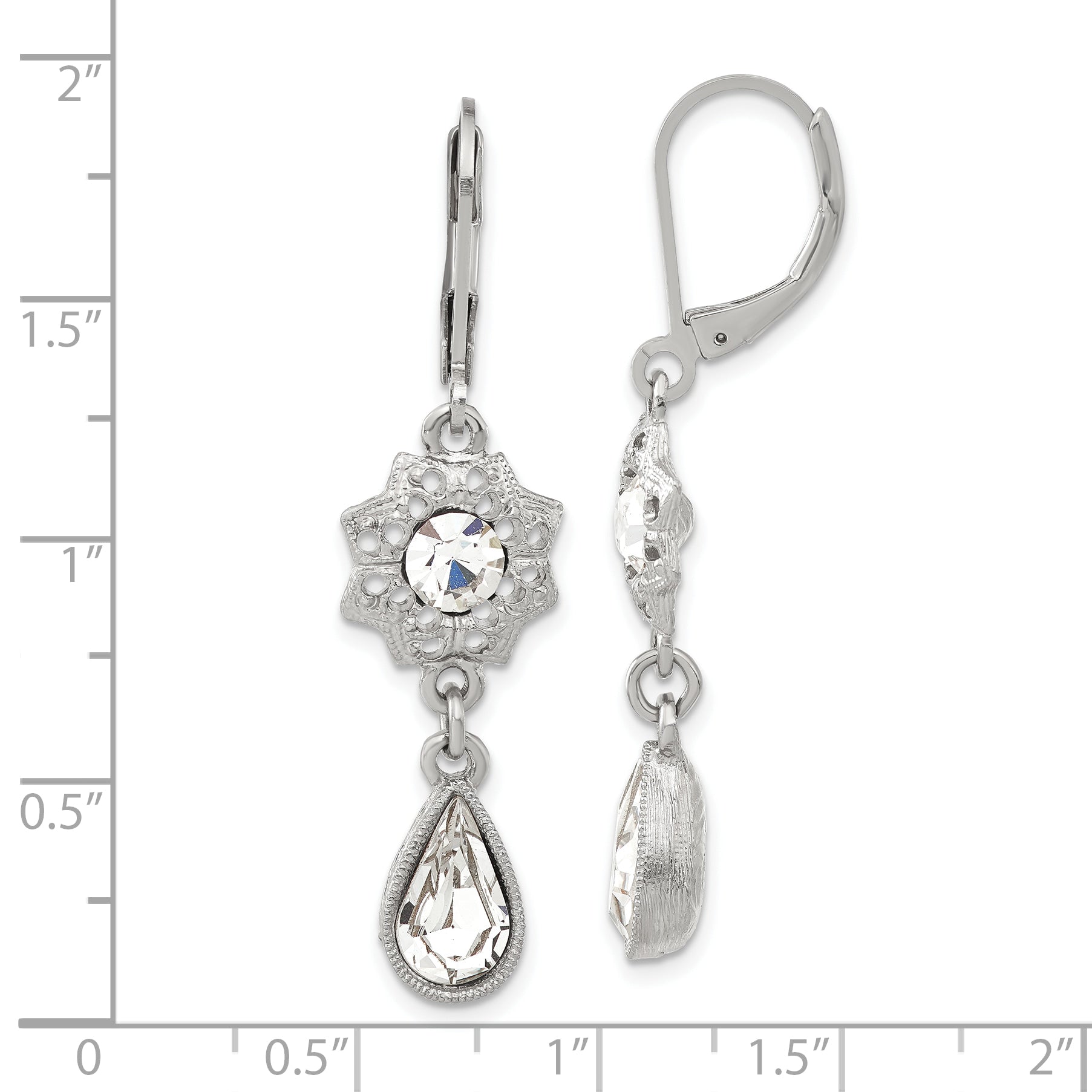 1928 Silver-Tone Crystal Teardrop Dangle Floral Filigree Leverback Earrings