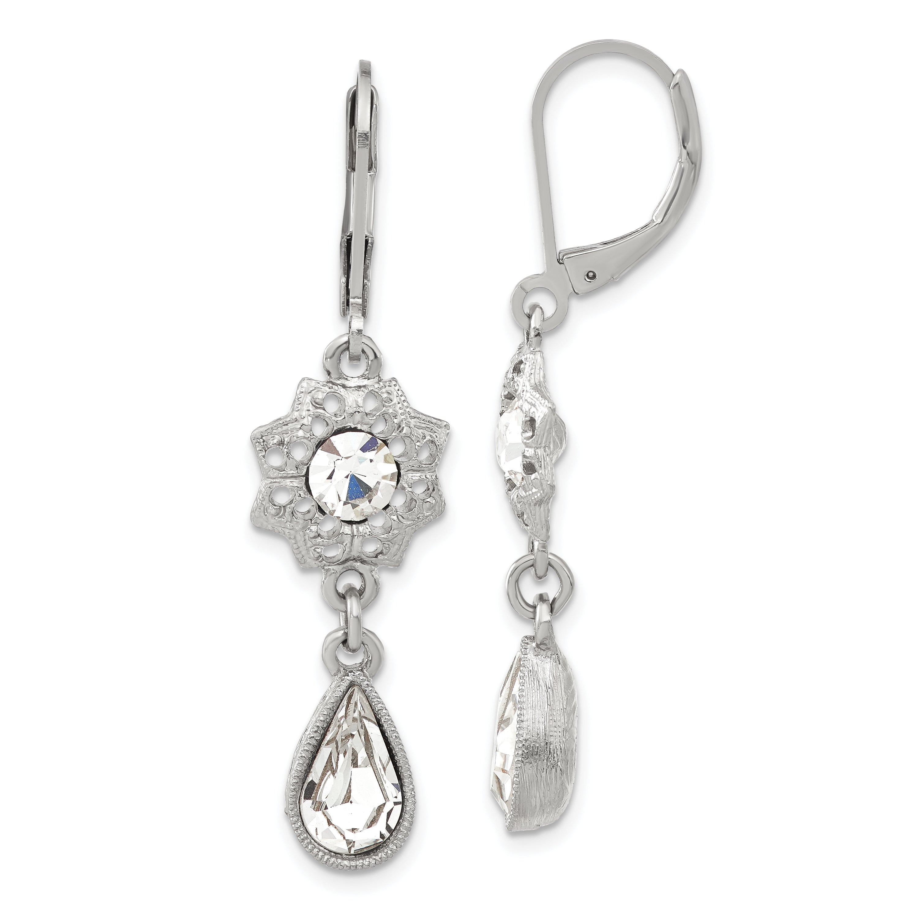 1928 Jewelry Silver-tone Fligree Floral Frame with Clear Crystal Center and Clear Crystal Teardrop Dangle Leverback Earrings