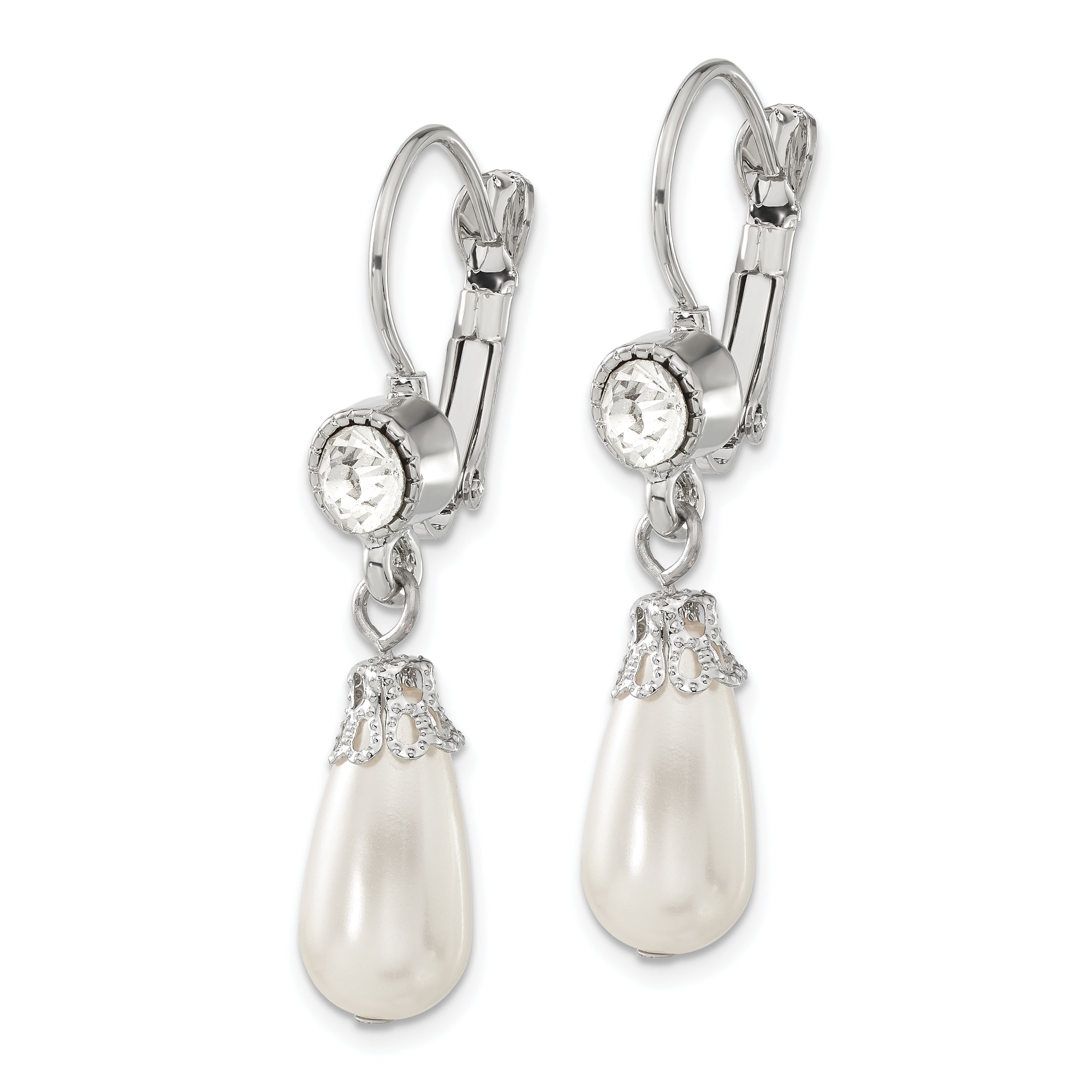 1928 Jewelry Silver-tone Clear Crystal Imitation Pearl Teardrop Dangle Leverback Earrings