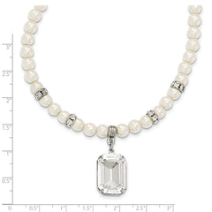 Silver-tone Simulated Pearl Swarovski Crystal Dangle 3in ext Necklace