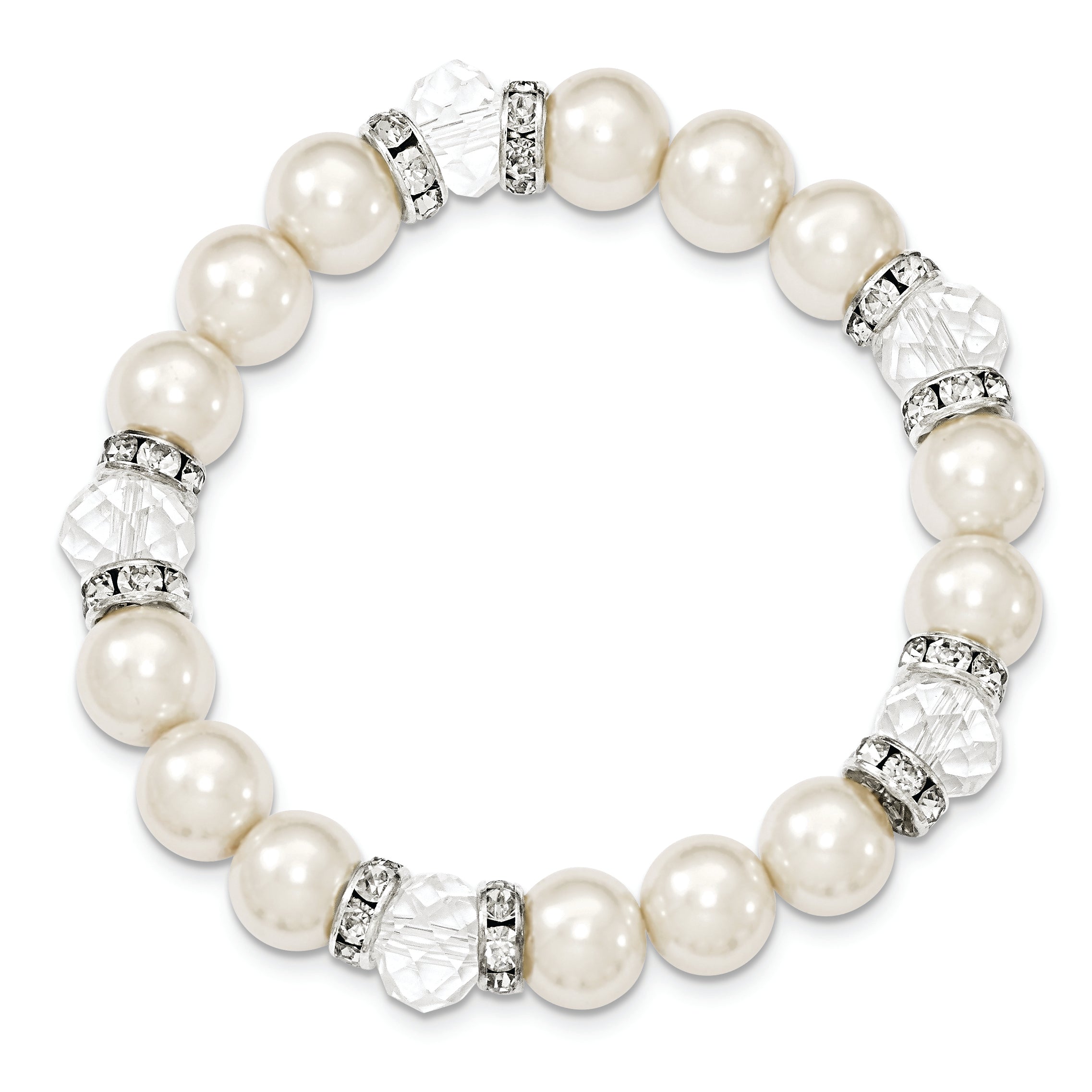 Silver-tone White Crystal Simulated Pearl Stretch Bracelet
