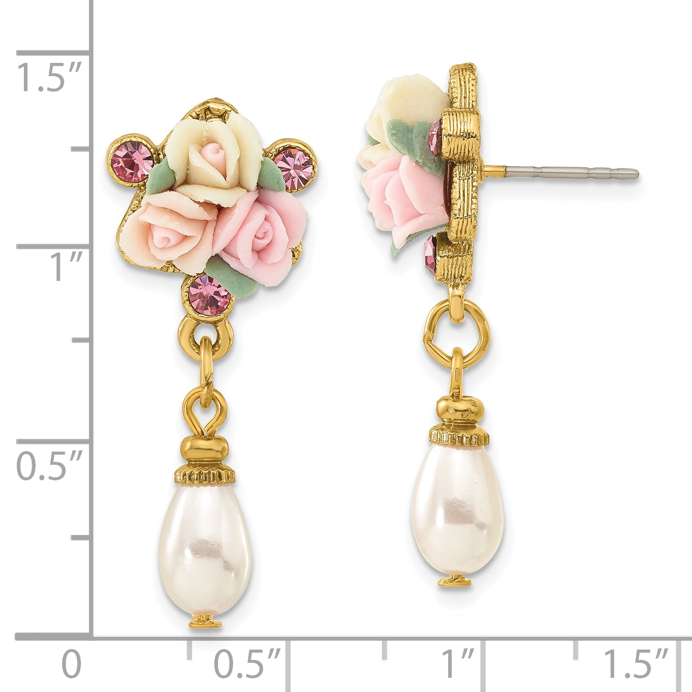 1928 Jewelry Gold-tone Pink Crystal Ivory Peach and Pink Porcelain Rose Flower Bouquet and Imitation Pearl Dangle Post Earrings