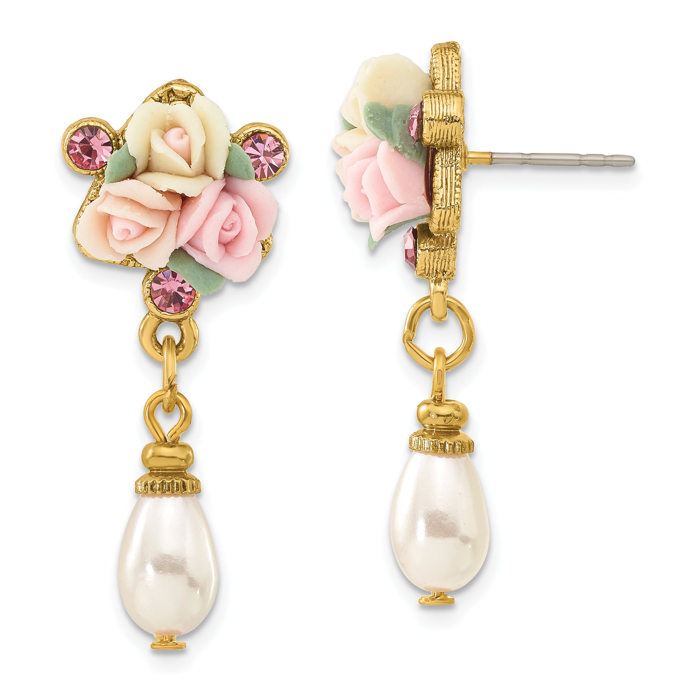 1928 Jewelry Gold-tone Pink Crystal Ivory Peach and Pink Porcelain Rose Flower Bouquet and Imitation Pearl Dangle Post Earrings