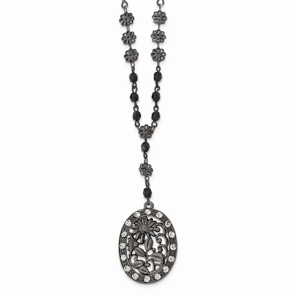 Black-plated White Crystal & Glass Beaded Oval w/3in. Ext.  Necklace