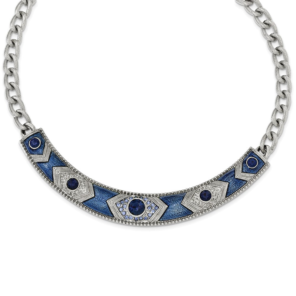 Silver-tone Blue Crystal & Glass Enamel Fancy With 3in ext. Necklace