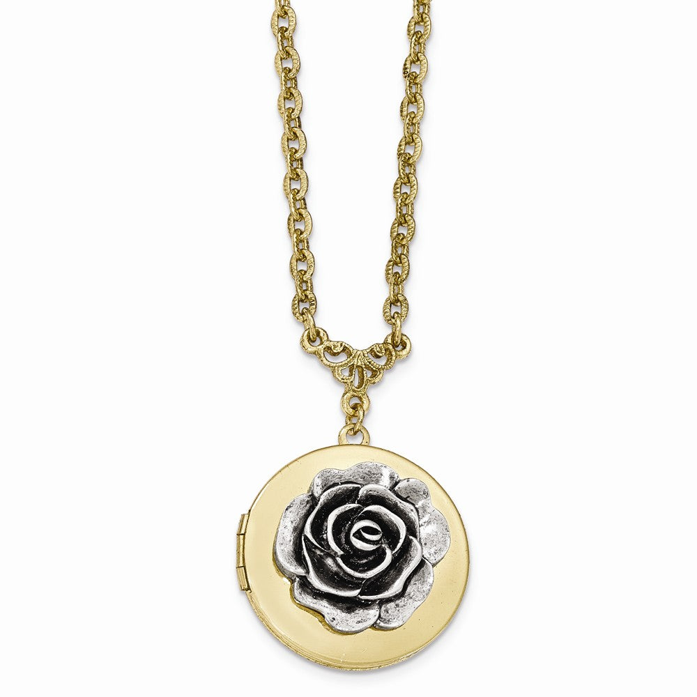 Gold-tone Polished Flower Round Locket With 3in ext. Necklace