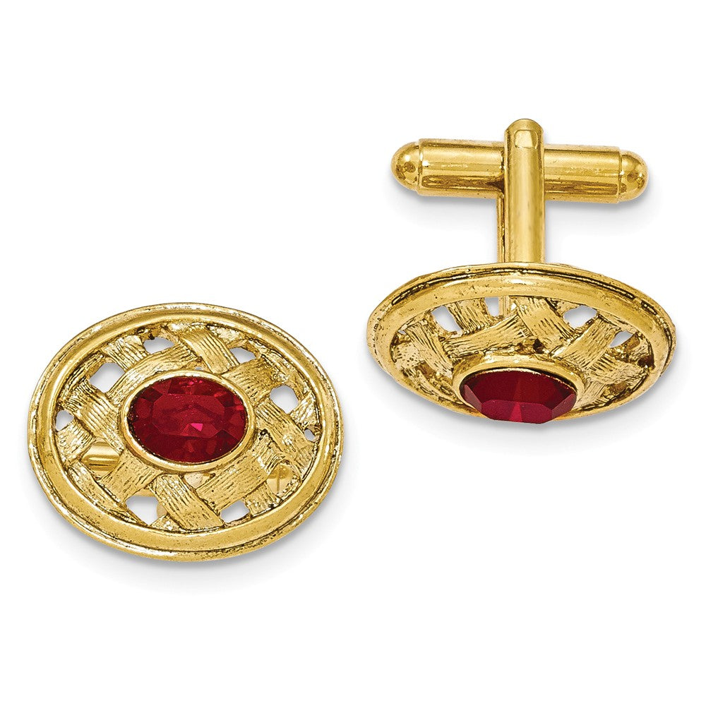 Gold-tone Textured Red Crystal Cuff Links