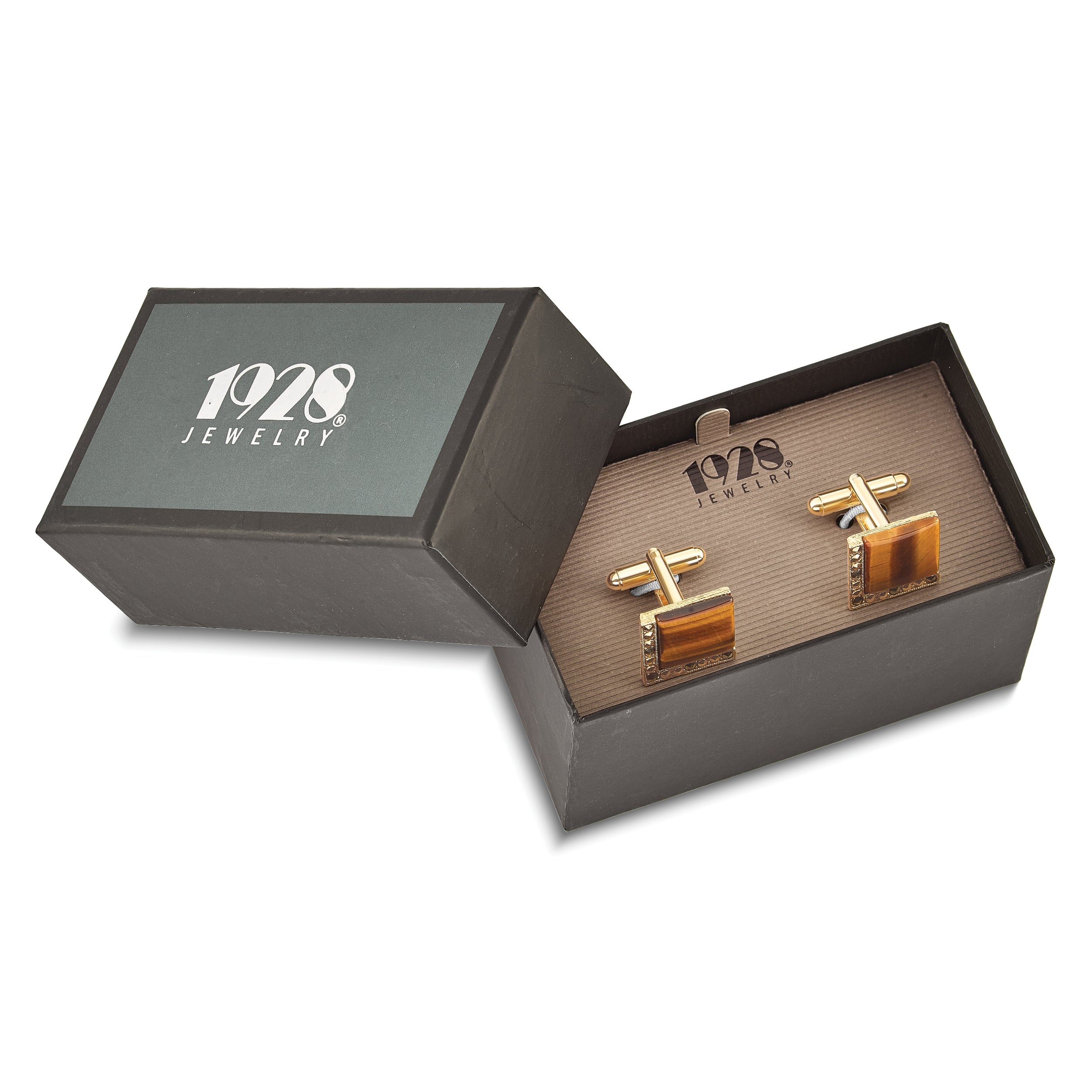 Gold-Tone Cuff Links with Tiger's Eye & Marcasite Vintage Gift Ready