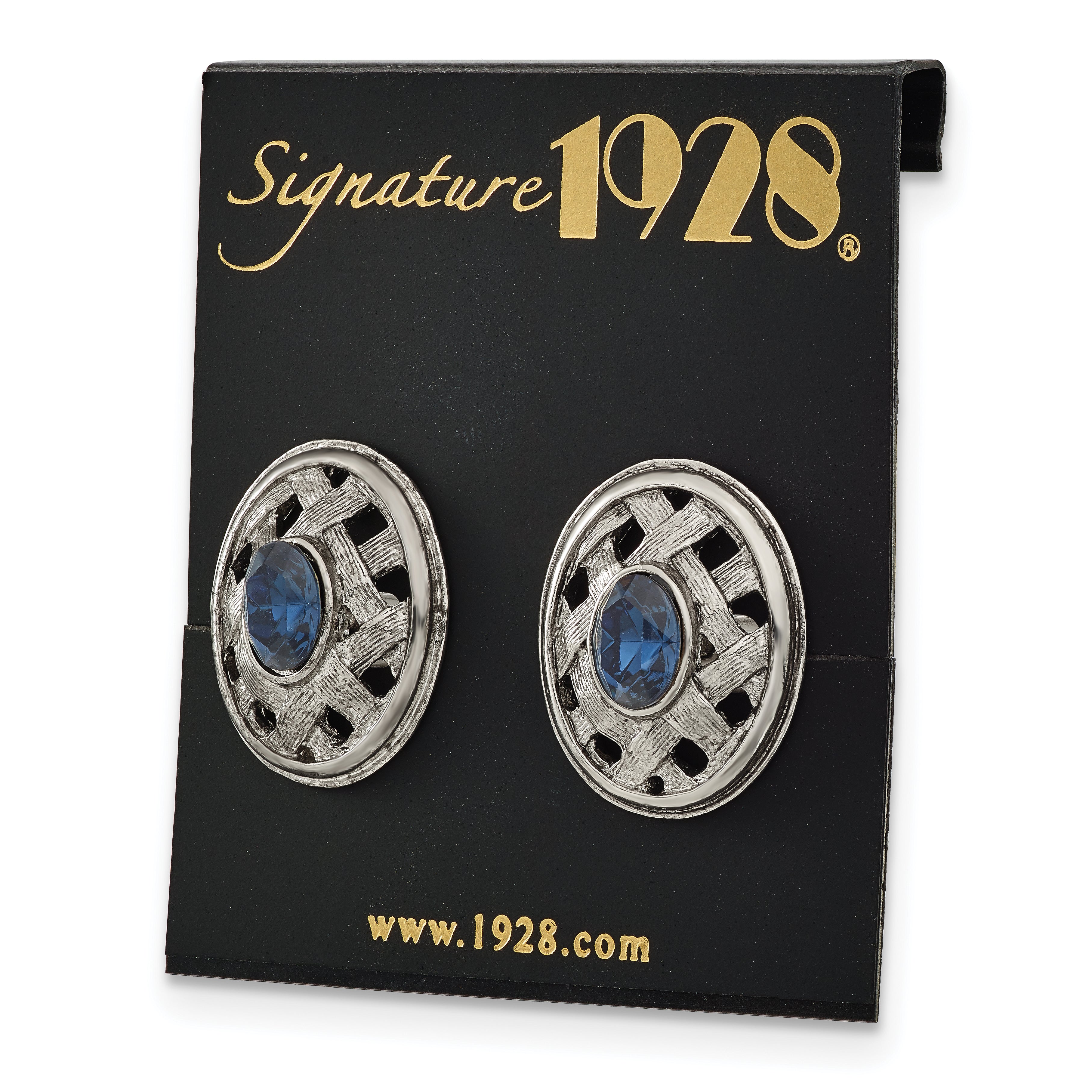 1928 Jewelry Silver-tone Textured Woven Frame and Faceted Blue Crystal Oval Cuff Links