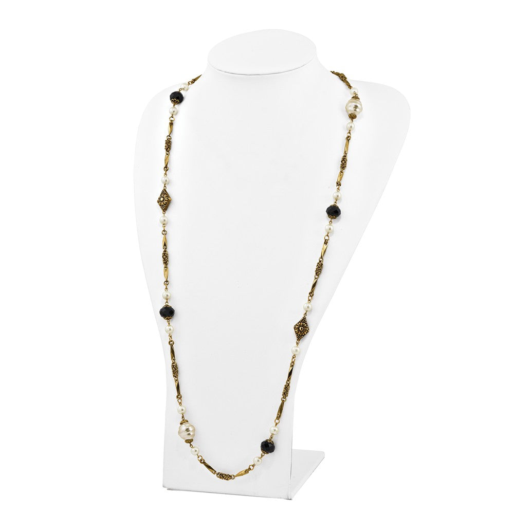 Gold-tone Glass Pearl & Black Acrylic Bead 42in Necklace
