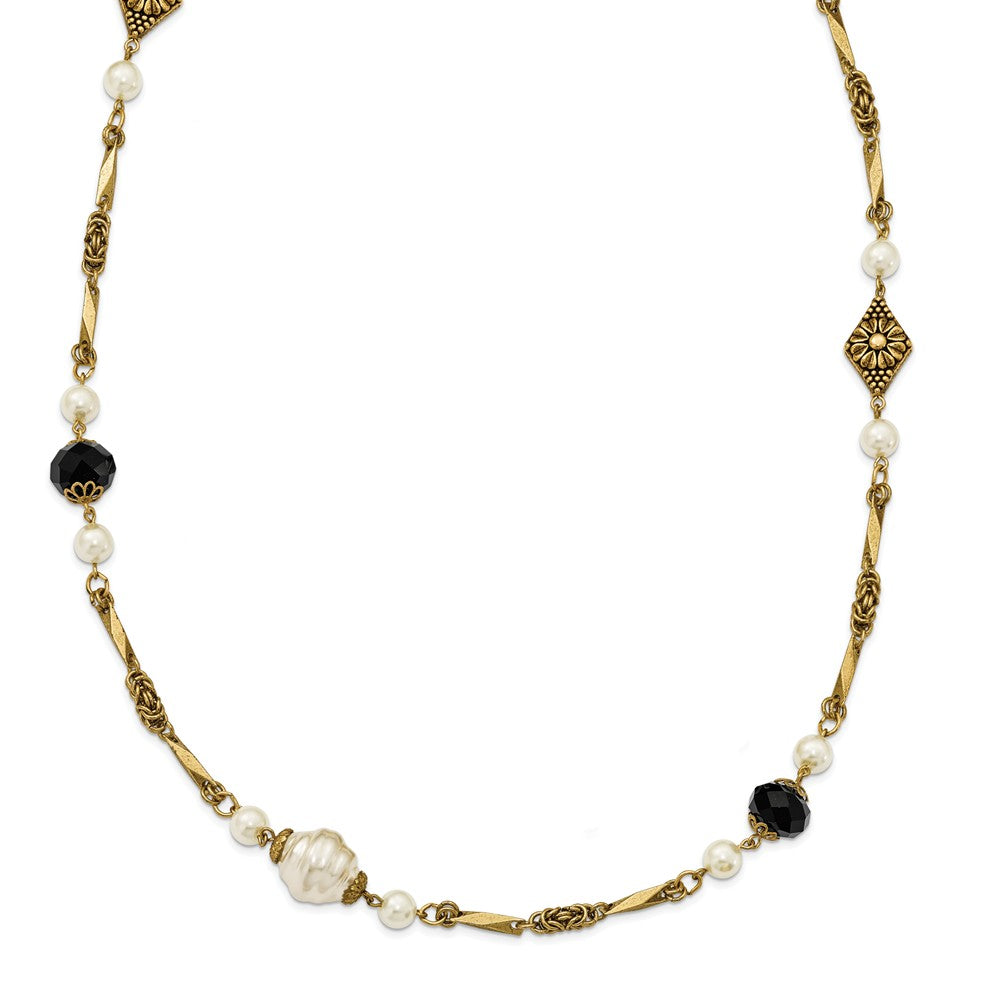 Gold-tone Glass Pearl & Black Acrylic Bead 42in Necklace